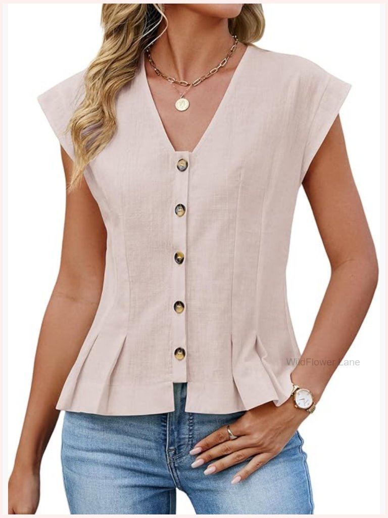 V Neck Crop Tank Top Cap Sleeve Button Down Shirt Blouse Going Out Top Trendy